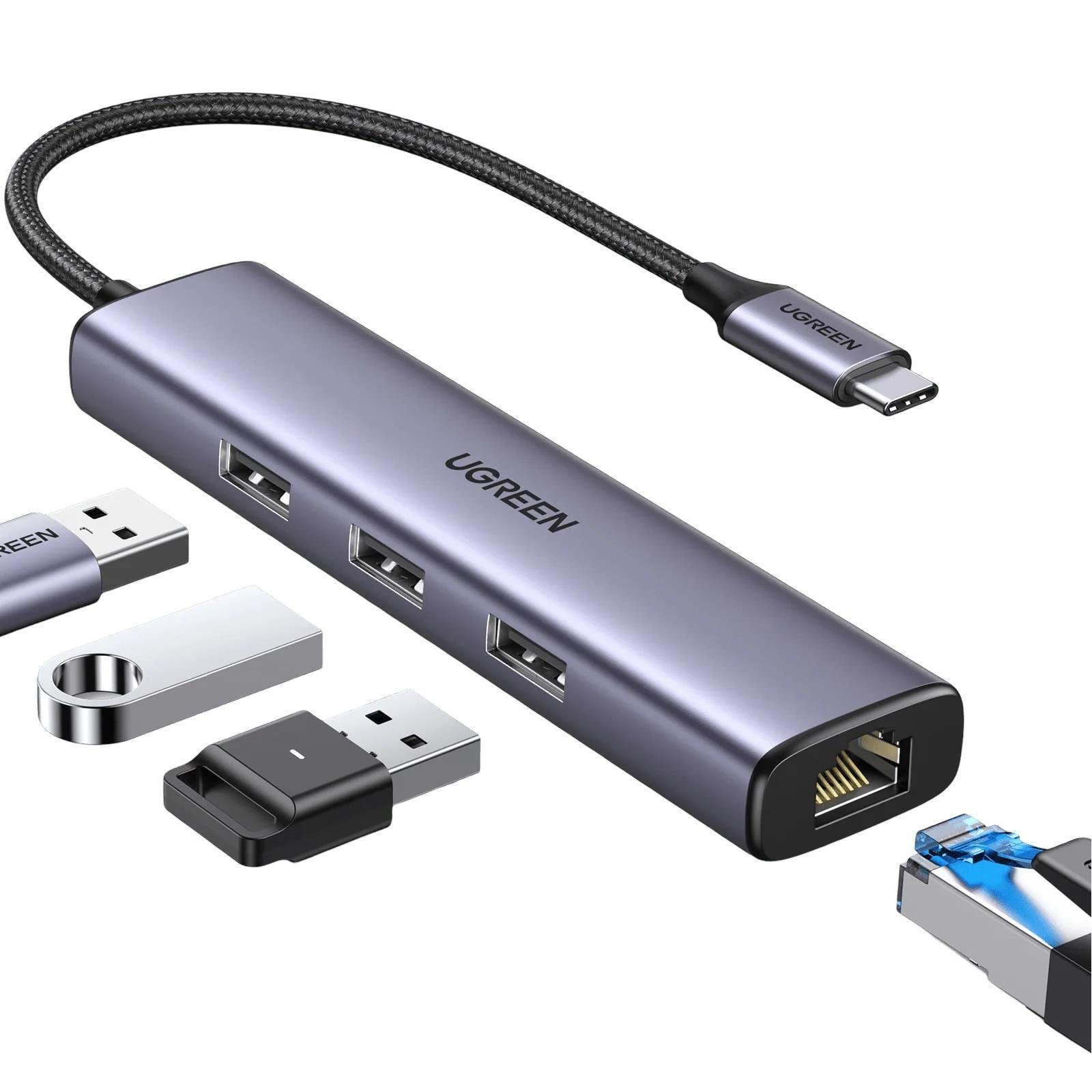 Хаб USB-C Ugreen 3x USB 3.0 RJ45 1000 мбіт/с Сірий (60600) Хаб USB-C Ugreen 3x USB 3.0 RJ45 1000 мбіт/с Сірий (60600)