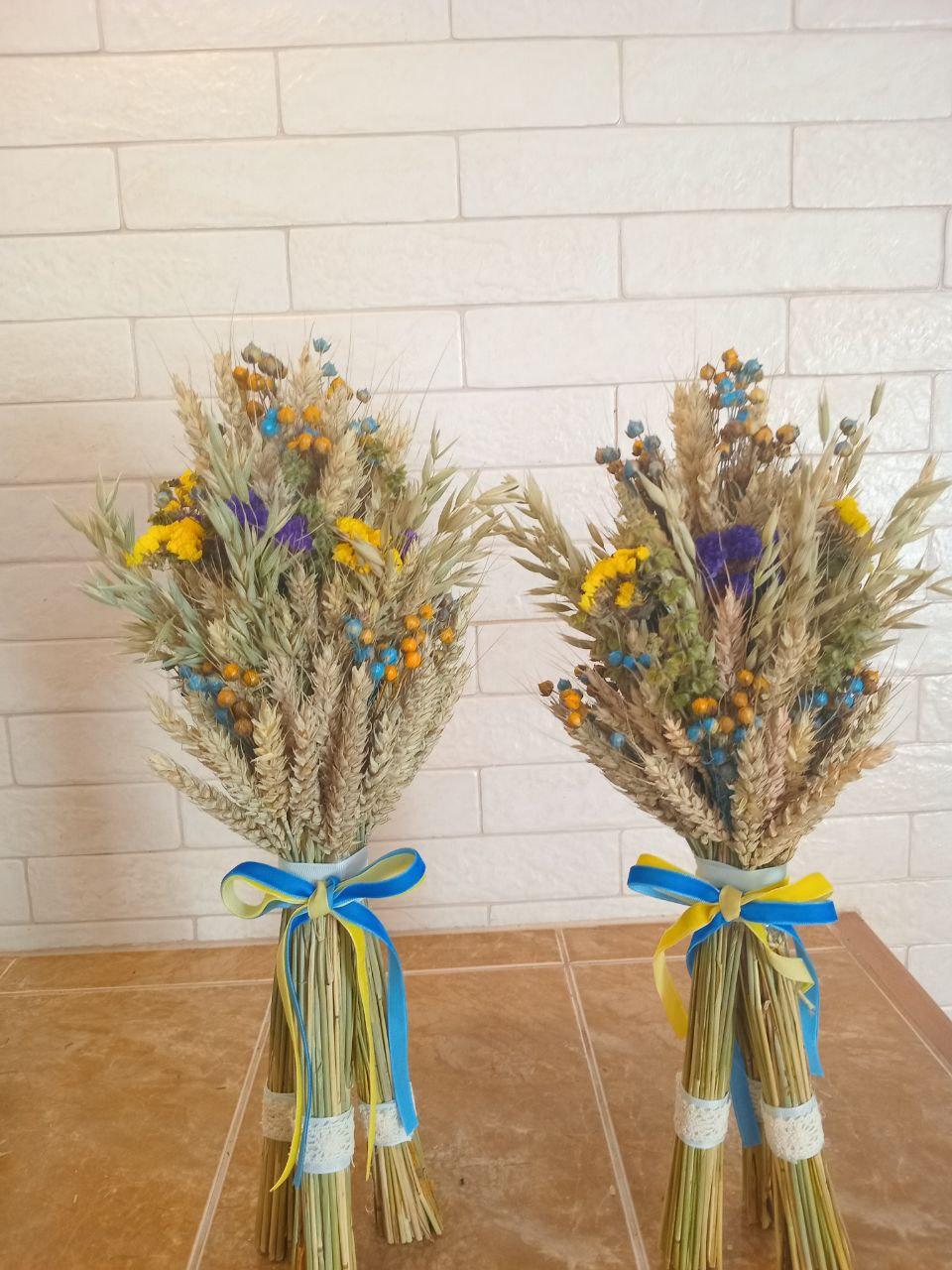 Дидух рождественский из колосья пшеницы/льна и овса на трех ножках 40-45 см с украинской лентой (2814653828) - фото 5