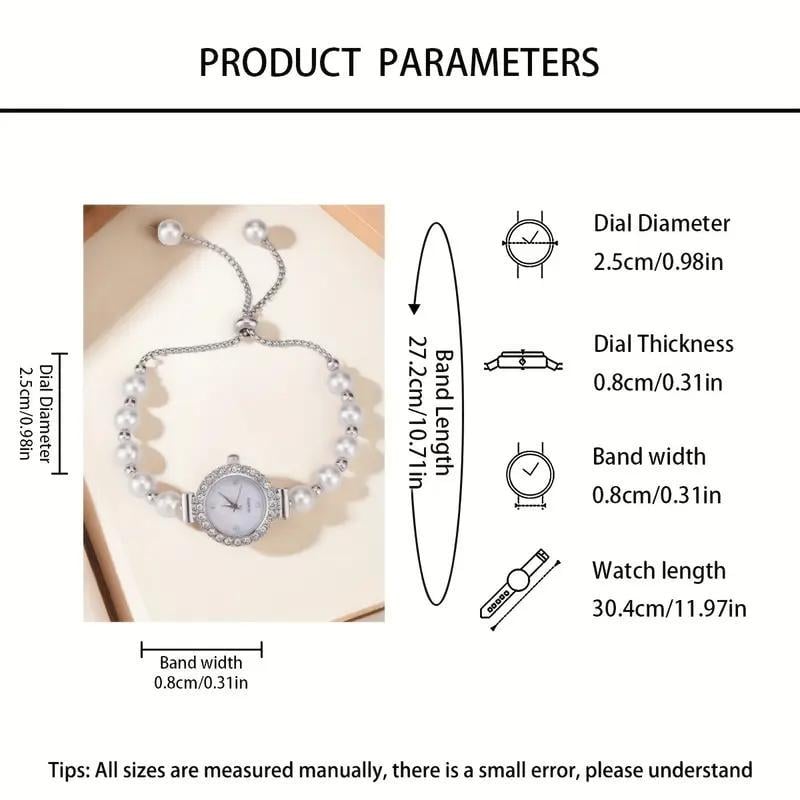 Наручний кварцовий годинник з регульованим браслетом із перлин та стразами Сріблястий (2690598356) - фото 10 Наручний кварцовий годинник з регульованим браслетом із перлин та стразами Сріблястий (2690598356) - фото 10