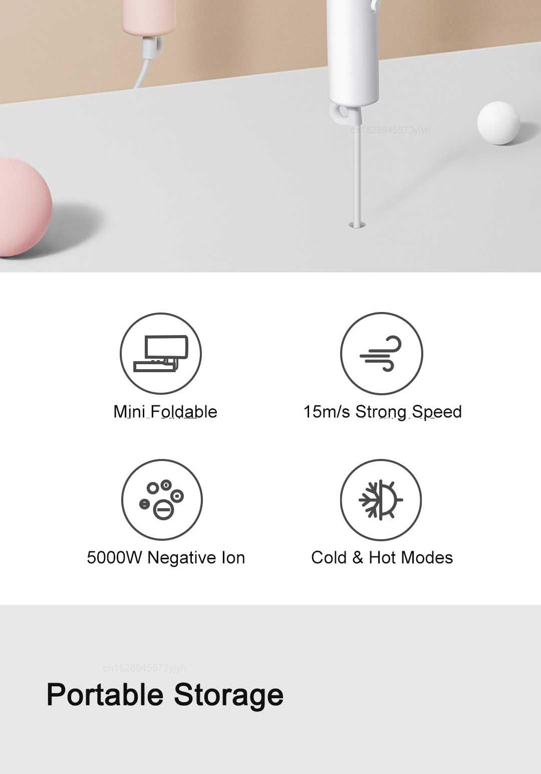 Фен для волос портативный MiJia Mi Ionic Hair Dryer H101 Pink (12156153) - фото 12 Фен для волос портативный MiJia Mi Ionic Hair Dryer H101 Pink (12156153) - фото 12