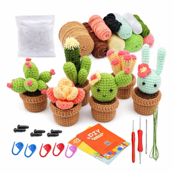 Набор для вязания крючком для начинающих Милые кактусы и суккуленты пряжа/крючки/видео-инструкции 6 шт. (32515202)