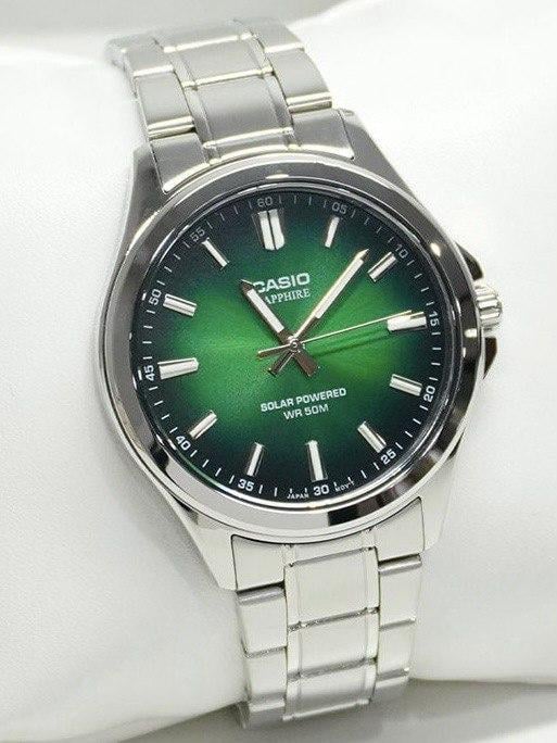 Наручний годинник чоловічий Casio MTS-RS100D-3A Timeless Collection на сонячній батареї із сапфіровим склом/сталевим корпусом Зелений (2824876691)