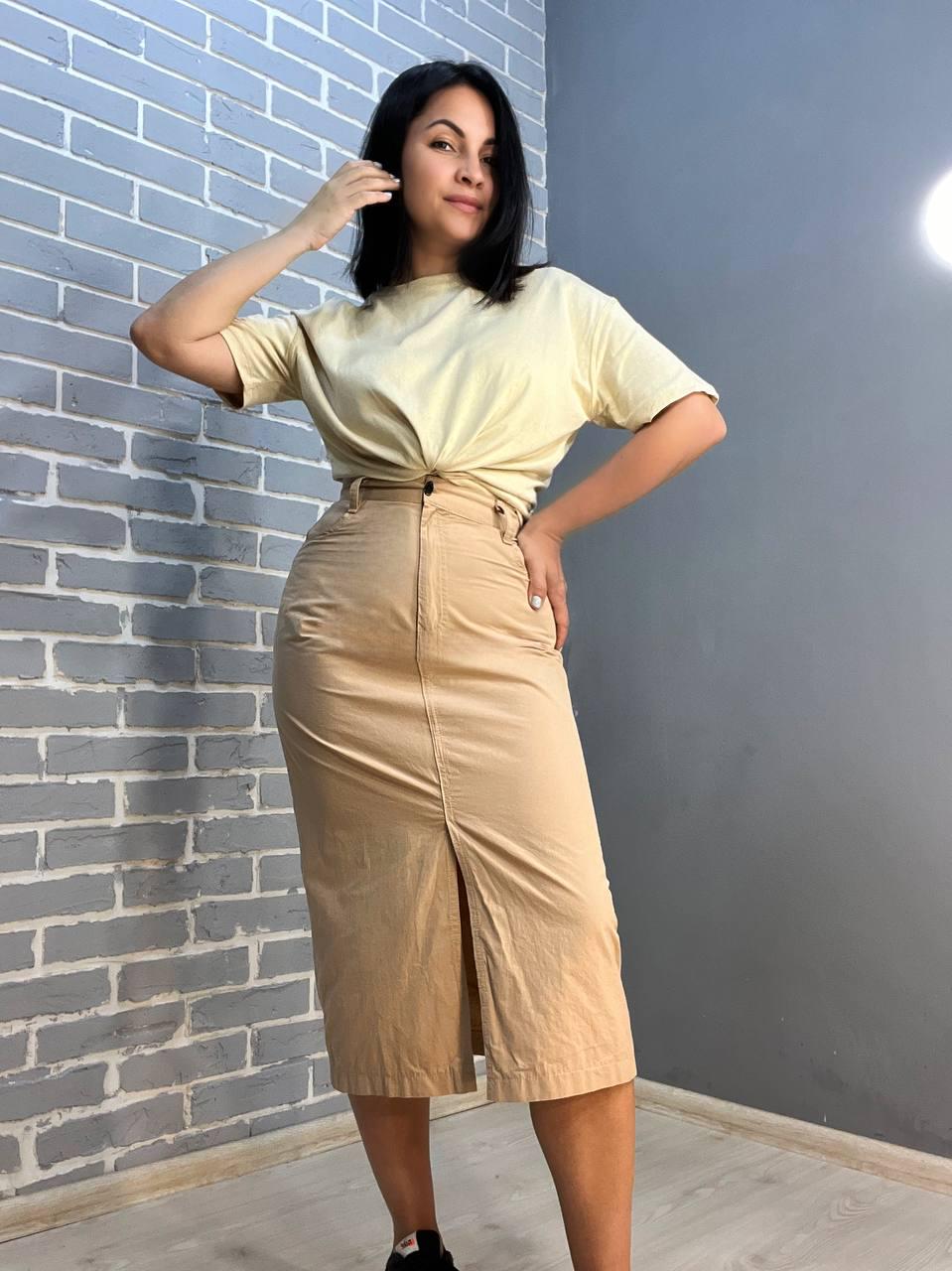 Спідниця жіноча MIX RAY 4261 коттонова французька довжина з розрізом попереду L Капучино (2239) - фото 7