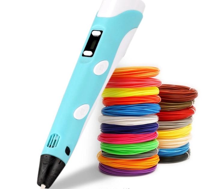 Ручка с экраном 3D PEN-3 на подставке с PLA пластиком Голубой