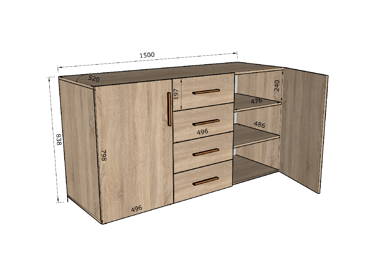 Комод з двома дверцятами на чотири ящики 1500x840x520 мм Дуб сонома (XR105-s) - фото 2
