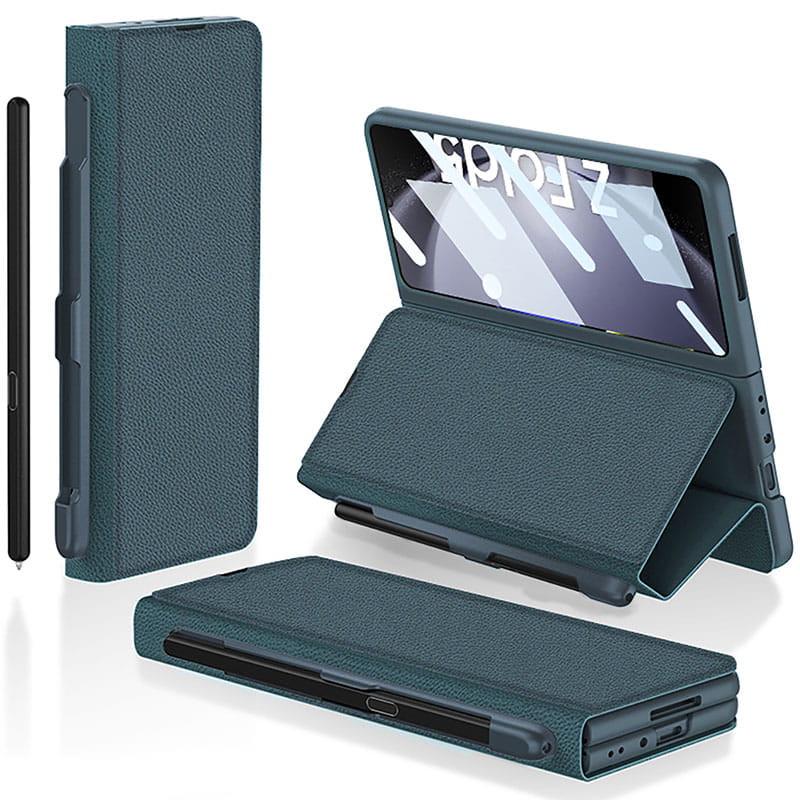 Противоударный кожаный чехол GKK Leather Wallet with slot pen для Samsung Galaxy Z Fold5 Grey/Green