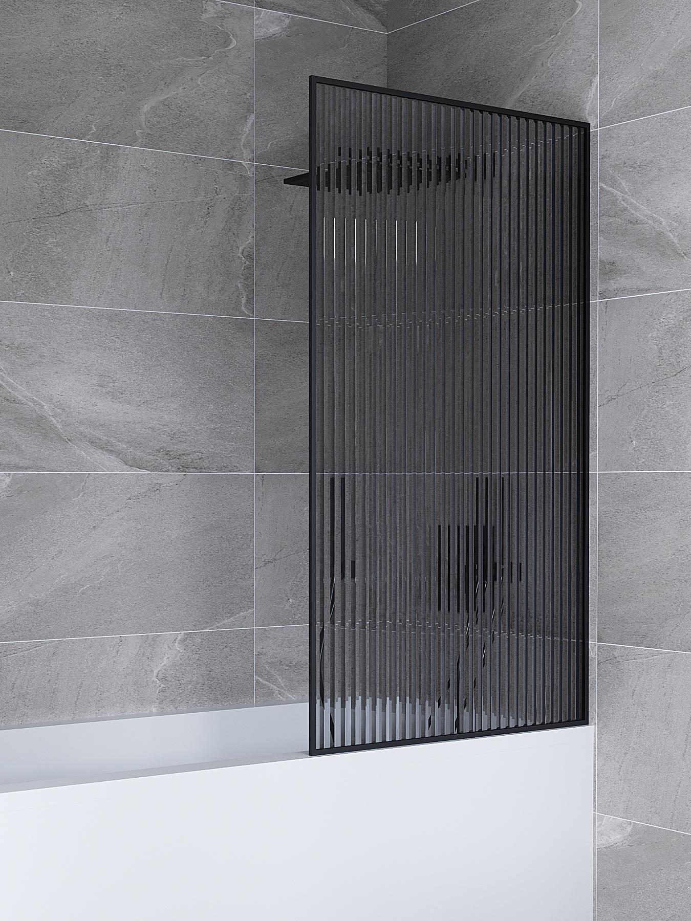 Шторка для ванны Amanda 700х1400 мм полупрозрачная Флуст ребристое стекло в черном профиле без верхнего держателя штанги Серый