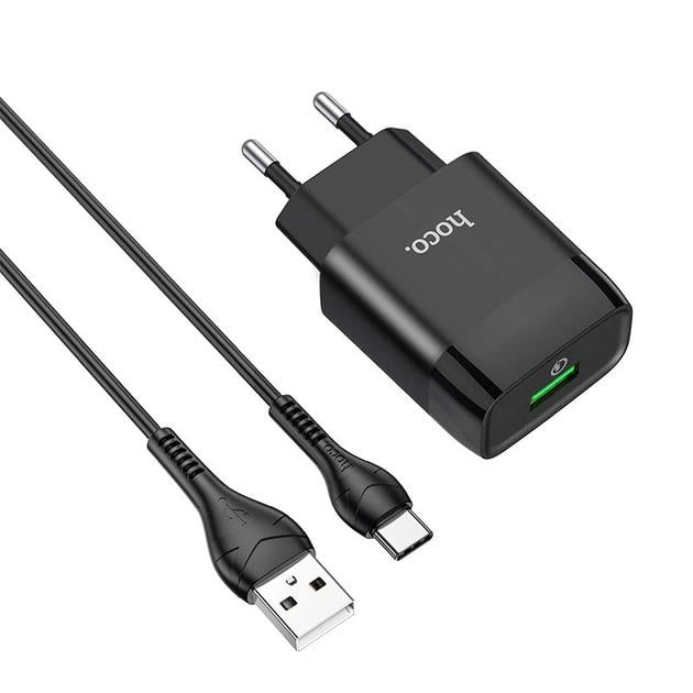 Пристрій мережевий зарядний Hoco C72Q QC3.0 1 USB/2A з кабелем для заряджання USB/Type-C Чорний