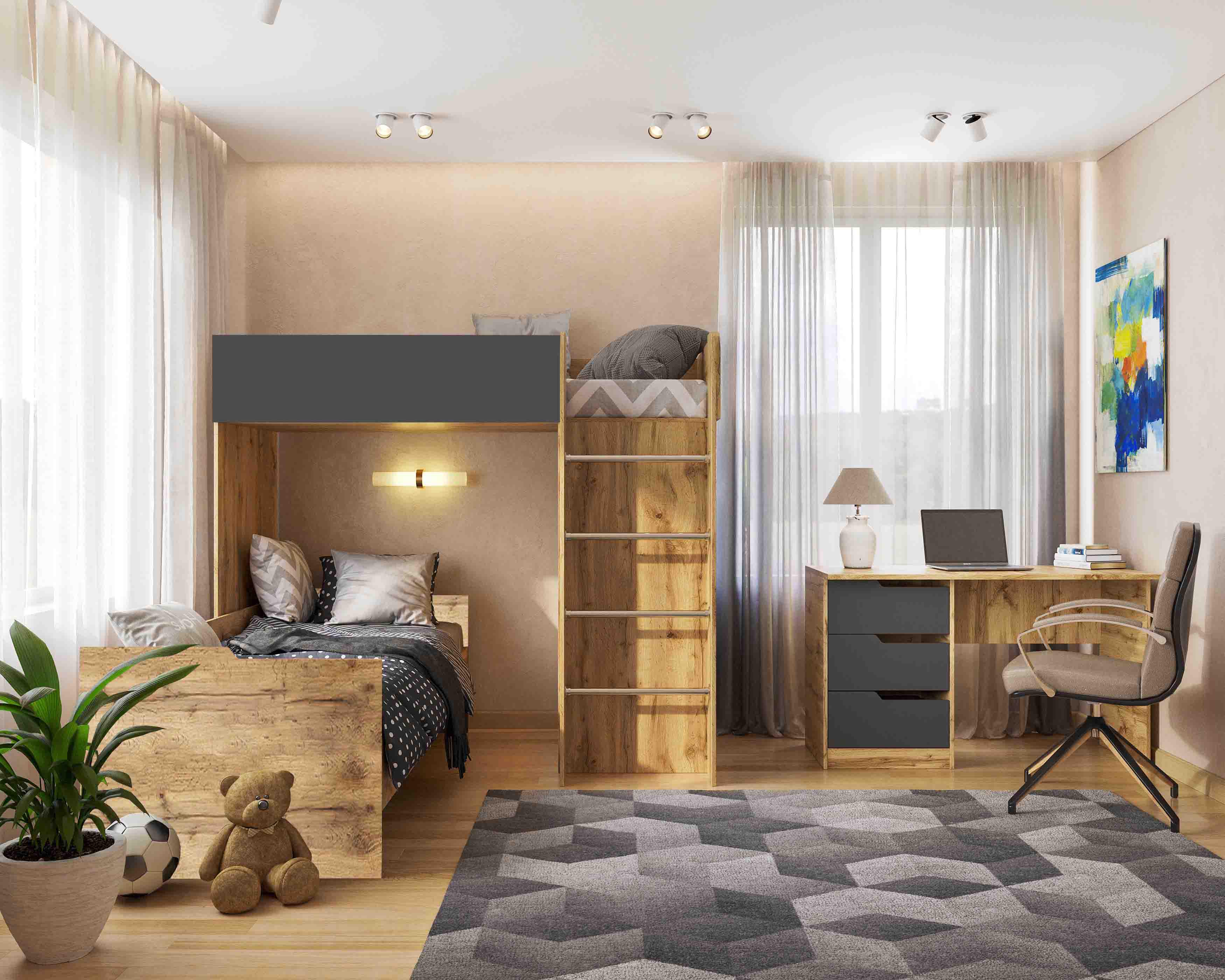 Комплект для детской BED-ROOM 3 две кровати/шкаф и письменный стол 1940x1020x1690 мм Дуб Тахо/Графит