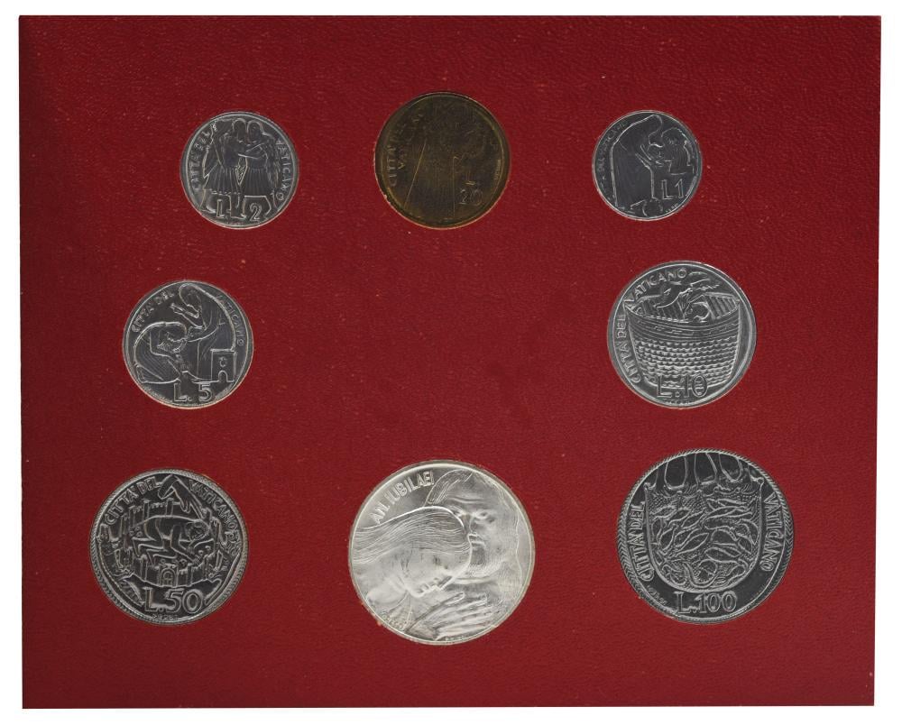 Коллекционные монеты Ватикан 8 шт. 1975 AU-UNC Святой год: 1/2/5/10/20/50/100/500 серебряных лир (М22379)