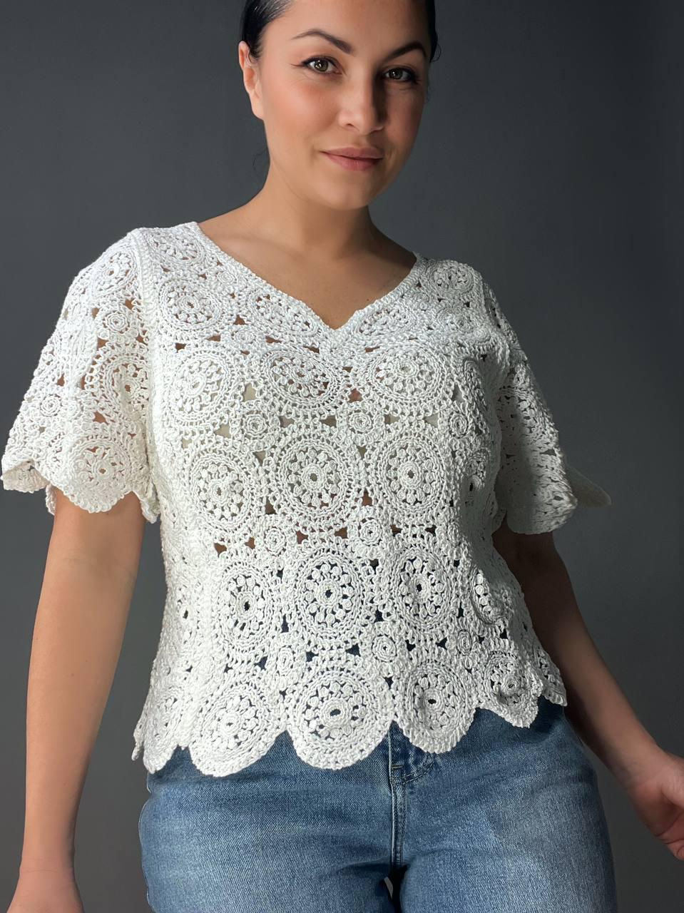 Блузка женская A-N 5303 кружевная вязаная с коротким рукавом OS Белый (26404723) - фото 6