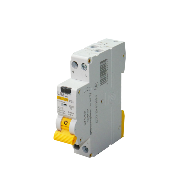 Дифференциальный выключатель UEC SB-R10N 2P 25А 30мА 6кА C тип АС (RCBO-R10N-2-025-C-030-AC)