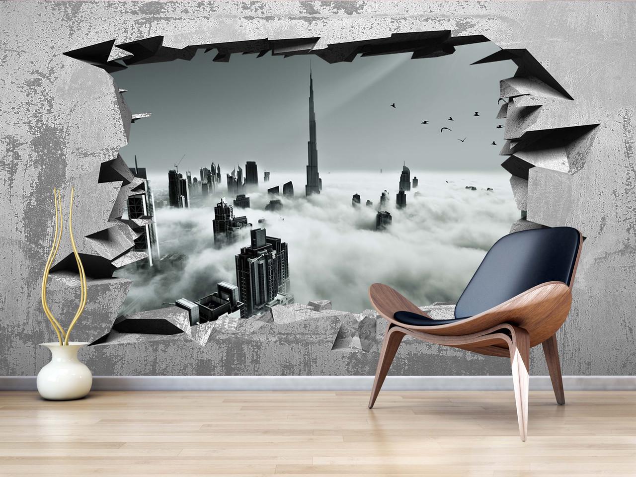 Фотообои флизелиновые 3D для спальни/зала/кухни моющиеся Дыра в бетонной стене