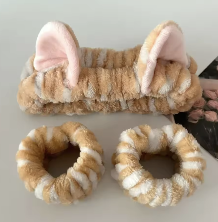 Набір для вмивання пов'язка для волосся з вушками та браслети на зап'ястя 3 шт. Бежевий (33549841)