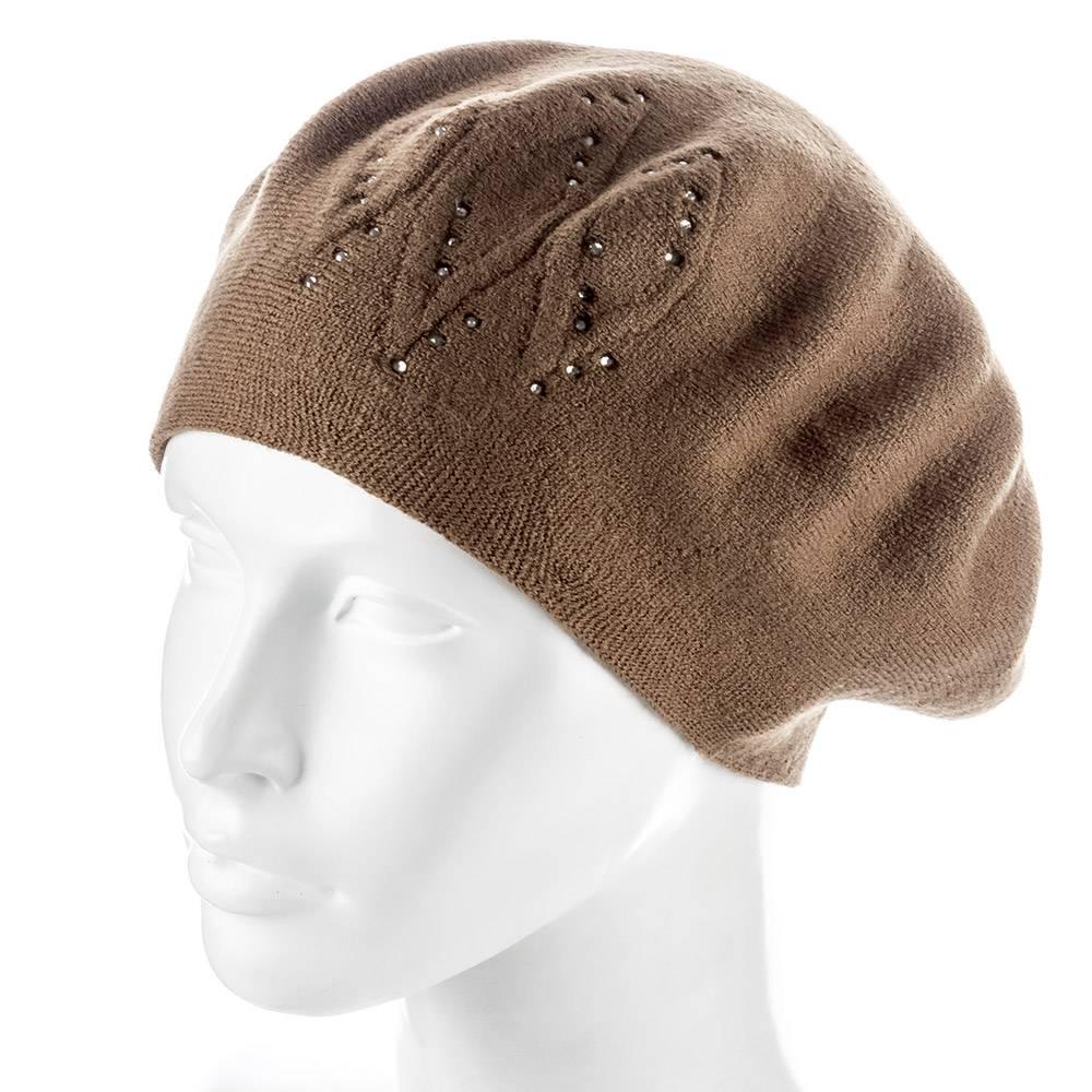 Берет женский Zolly ZH219 со стразами тонкой вязки полушерстяной Темно-карамельный