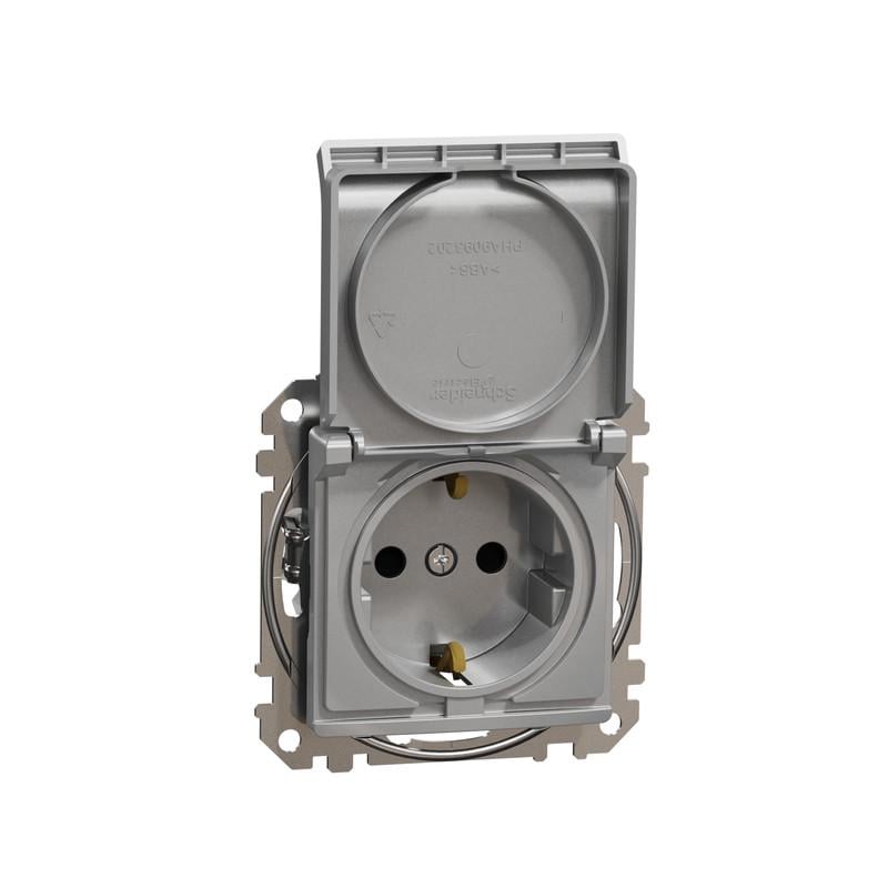 Розетка Schneider Electric ABS-UV Sedna Design&Element с заземлением с шторками и крышкой Алюминий (SDD113024)