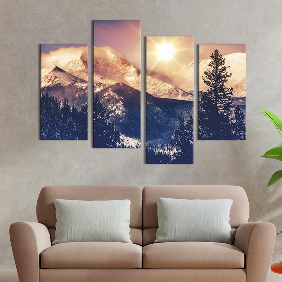 Модульная картина из четырех частей на холсте интерьерная картина Солнце над снежными горами 89x56 см (590-42)