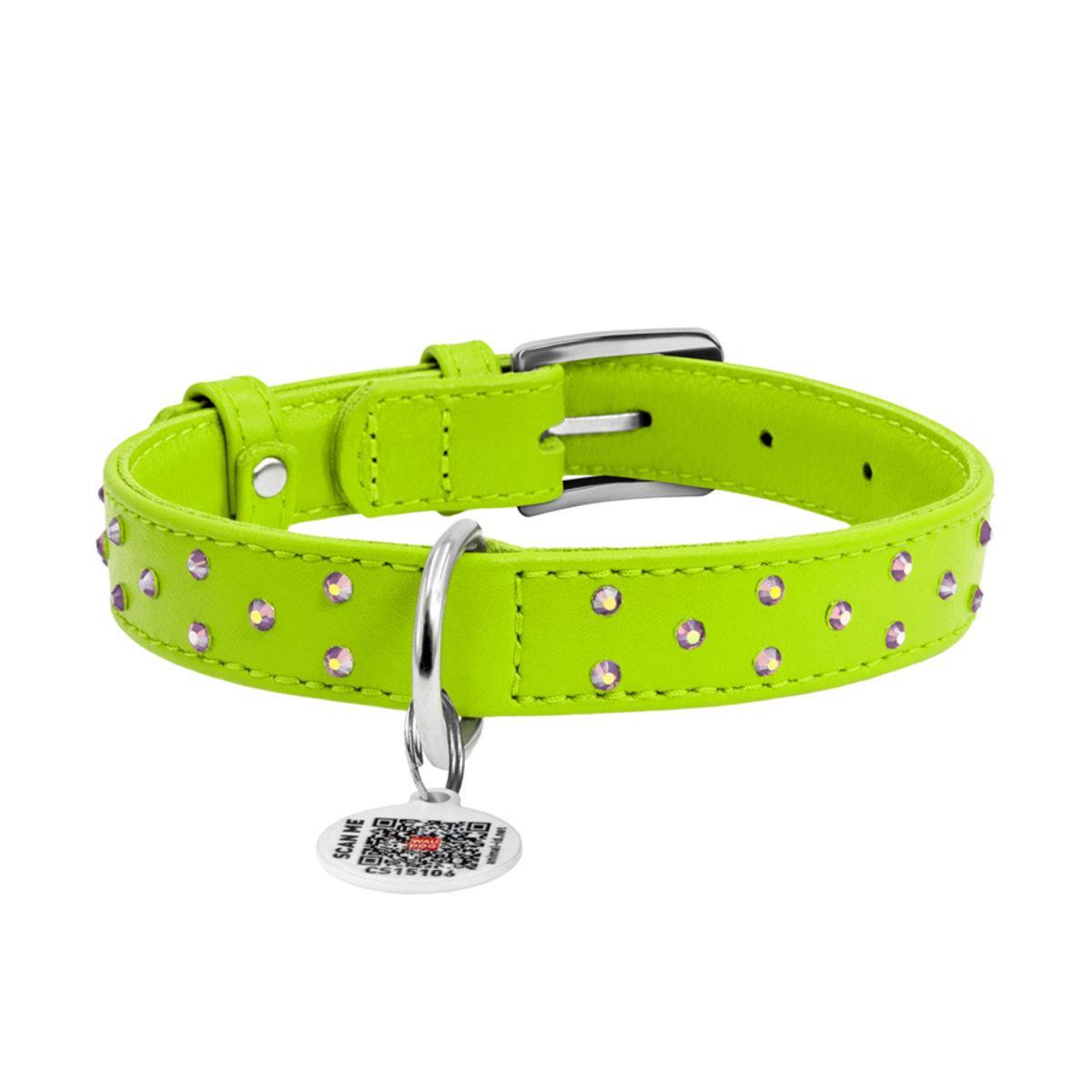 Ошейник для собак кожаный Waudog Glamour с QR паспортом/клеевыми стразами 20 мм х 30-39 см Салатовый (32785 Col)