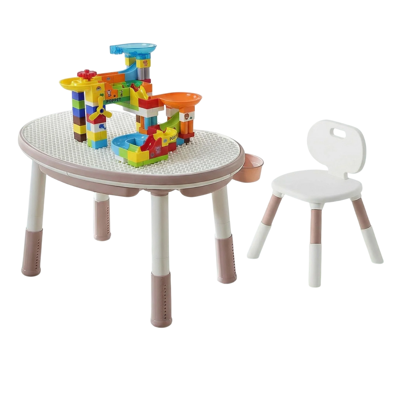 Комплект дитячий столик зі стільчиком Poppet Мультиплей Роуз 5в1 та конструктор Круті віражі з гіркою (PP-SET-011R-04)