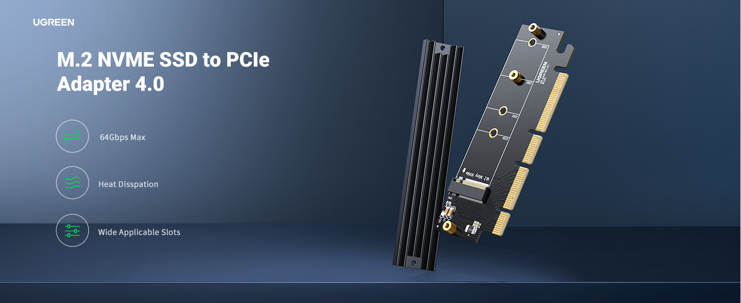 Адаптер UGREEN M.2 NVMe до PCIe PCIe 4.0 x4 з радіатором 64 Гбіт/с для NVMe M-Key/M+B Key 2230-2280 сумісний PCIe x4/x8/x16 Чорний (30715) - фото 2 Адаптер UGREEN M.2 NVMe до PCIe PCIe 4.0 x4 з радіатором 64 Гбіт/с для NVMe M-Key/M+B Key 2230-2280 сумісний PCIe x4/x8/x16 Чорний (30715) - фото 2