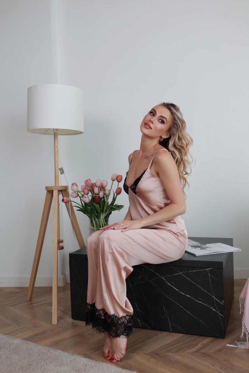 Костюм домашний пижама женская шелковая майка и штаны с кружевом Персиковый (2560530354) - фото 7 Костюм домашний пижама женская шелковая майка и штаны с кружевом Персиковый (2560530354) - фото 7