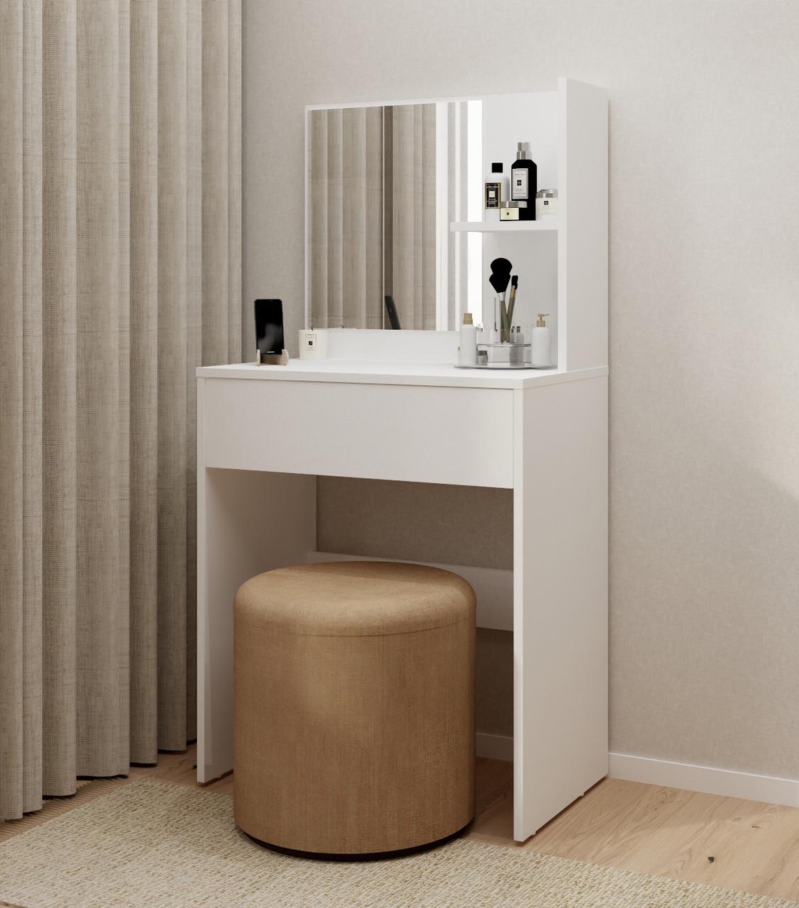 Туалетный столик ДСП ТС-5 с зеркалом полками и выдвижным ящиком Белый (28918305) - фото 1 Туалетный столик ДСП ТС-5 с зеркалом полками и выдвижным ящиком Белый (28918305) - фото 1