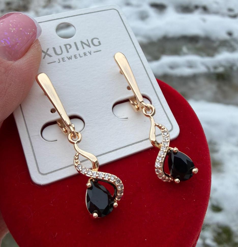 Серьги Xuping Бесконечность с черным камешком ювелирный сплав 18к 585п 3 см Золотой (322-014)