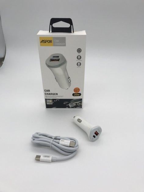 Зарядний пристрій автомобільний Aspor A907 USB/USB-C 3A 20W з кабелем Type-C/Type-C Білий (1858272774)