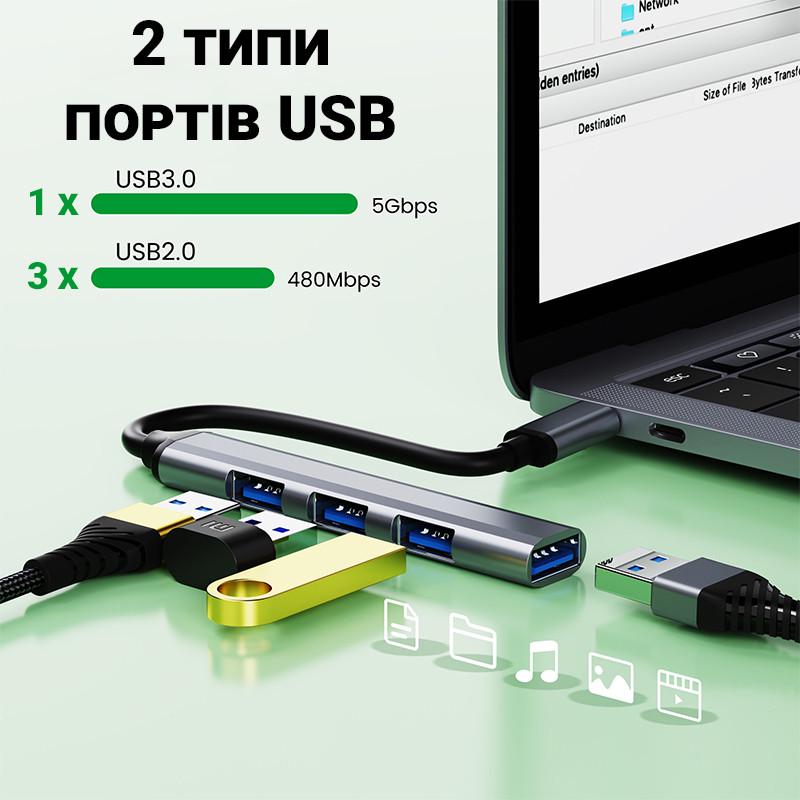 Концентратор/разветвитель для ноутбука на 4 порта USB Type-C хаб Addap UH-05C USB - фото 6