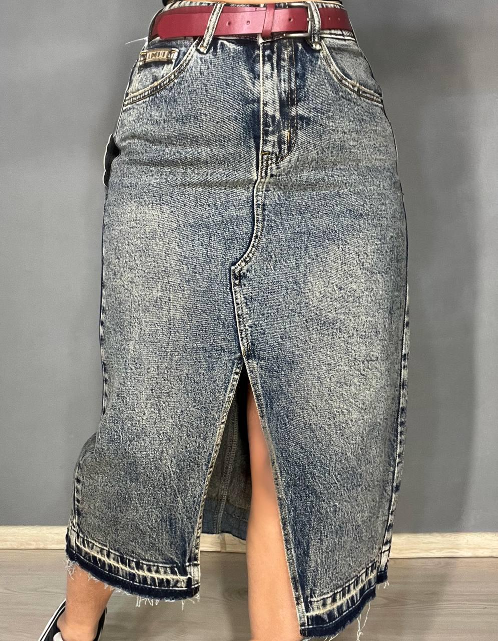 Спідниця жіноча джинсова ZJY 68007 розріз попереду стрейчева нижче коліна з ременем р. 33 Темно-синій (3746) - фото 6