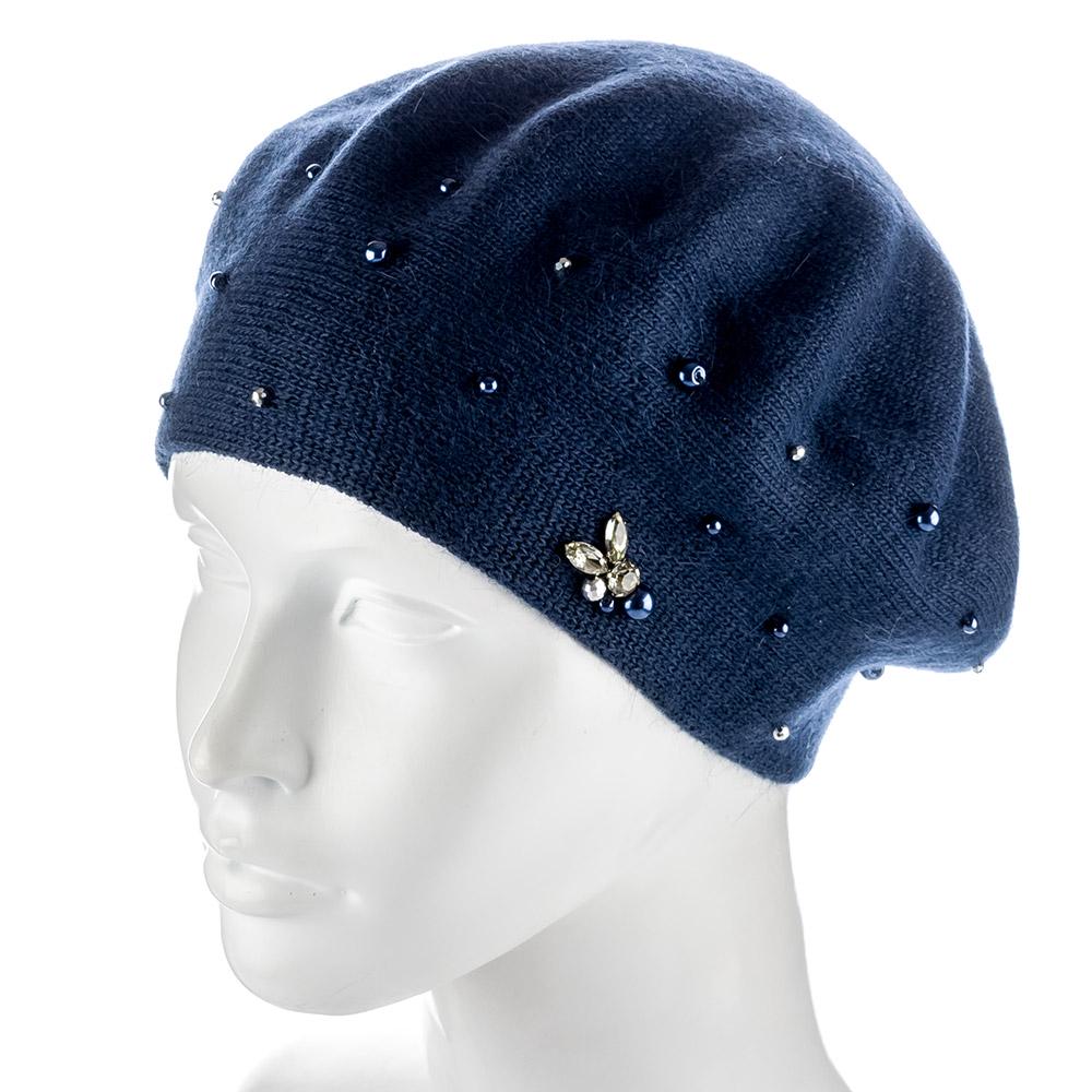 Берет ангоровый Actrics WH767 двойной с бусинами L р. 57-58 Синий