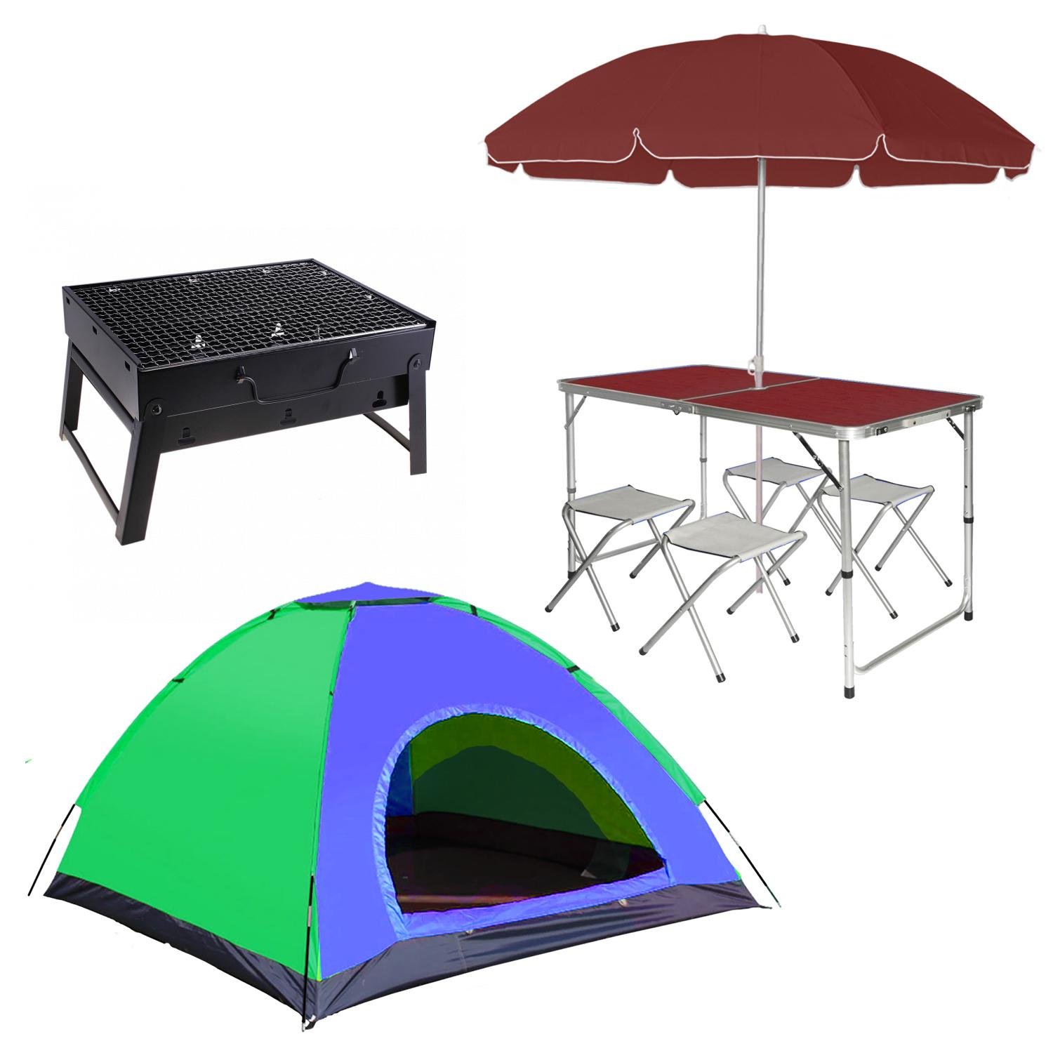 Набір для пікніку розкладний стіл/стільці у валізі/парасолька/намет/мангал Brown/Blue/Green (ef403c29)