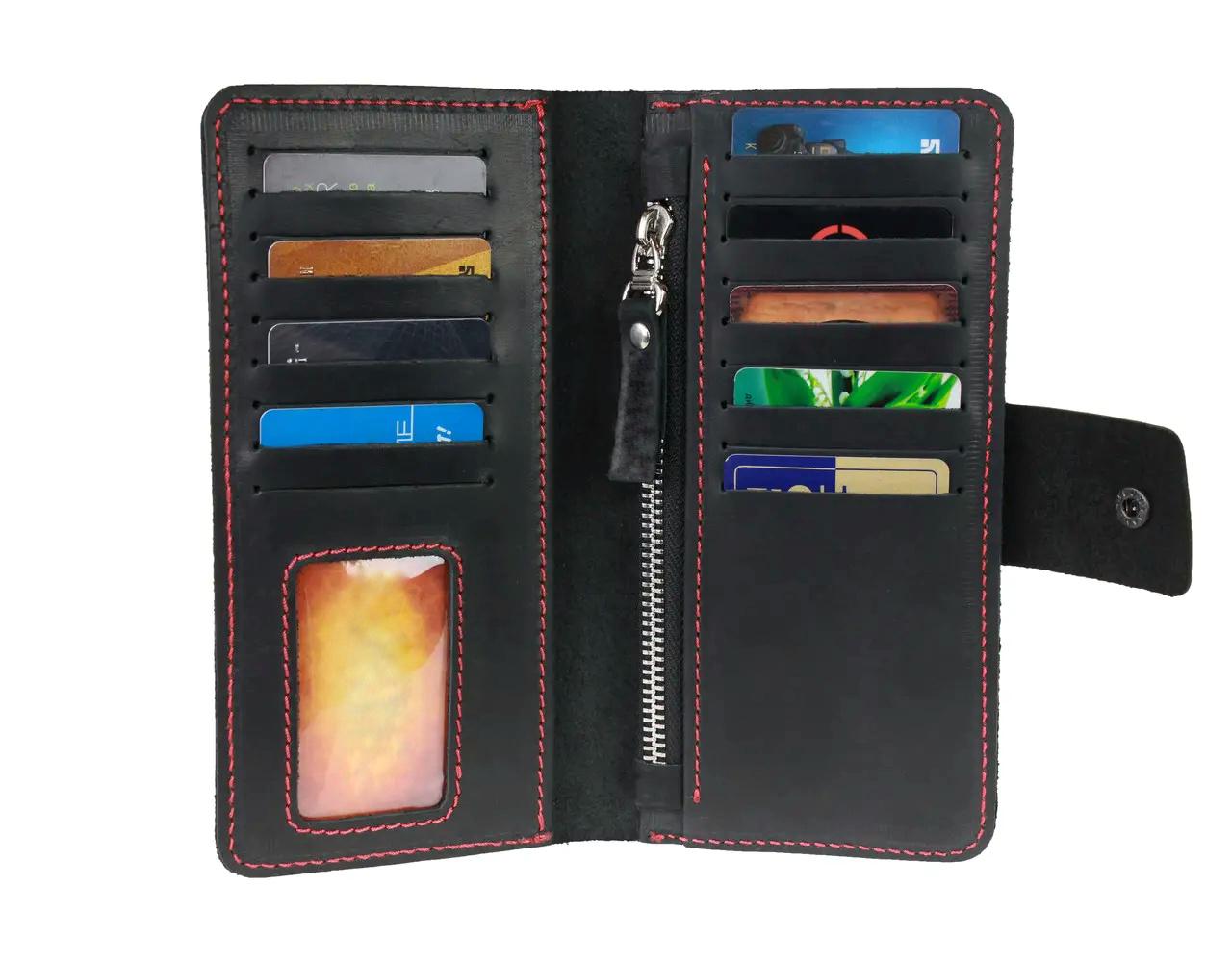 Гаманець FREESKIN шкіряний прошитий червоною ниткою 19х9,5х1 см Чорний - фото 5