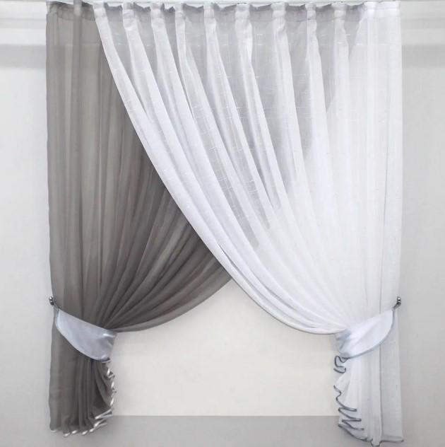 Занавеска на кухню с подвязками 320х170 см Серый/Белый (101к)