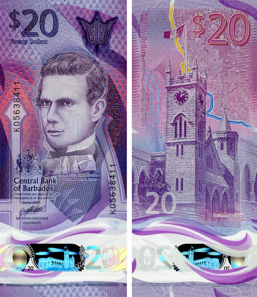 Коллекционная банкнота Барбадос 20 долларов 2024/2025 Полимер UNC (PW83b(2))
