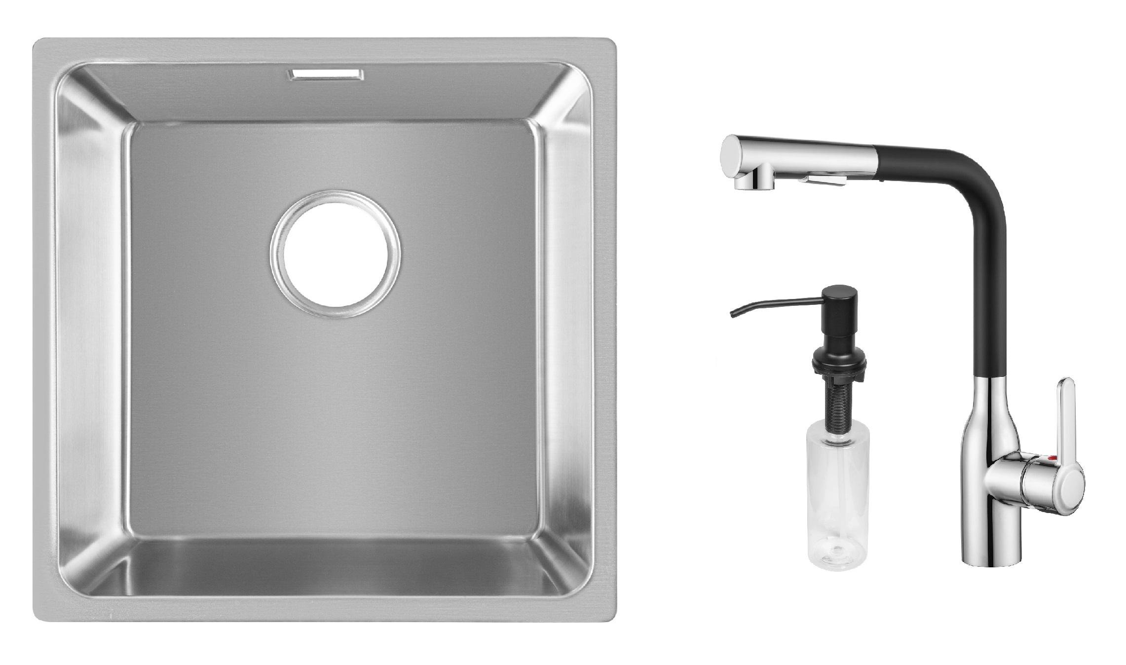 Комплект из кухонной мойки Gunter&Hauer Felda 4420 IX кухонного смесителя Gunter&Hauer DUNKEL Cr-Bl и дозатора Gunter&Hauer SOAP DISPENSER Black