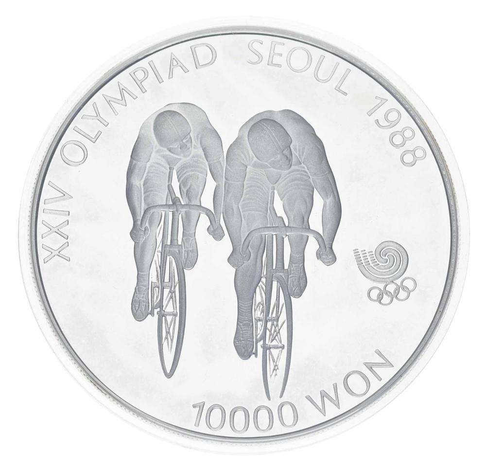 Коллекционная монета Южная Корея 10000 вон 1988 Серебро Proof XXIV летние Олимпийские игры в р. Сеул 1988-Велоспорт (М23334)