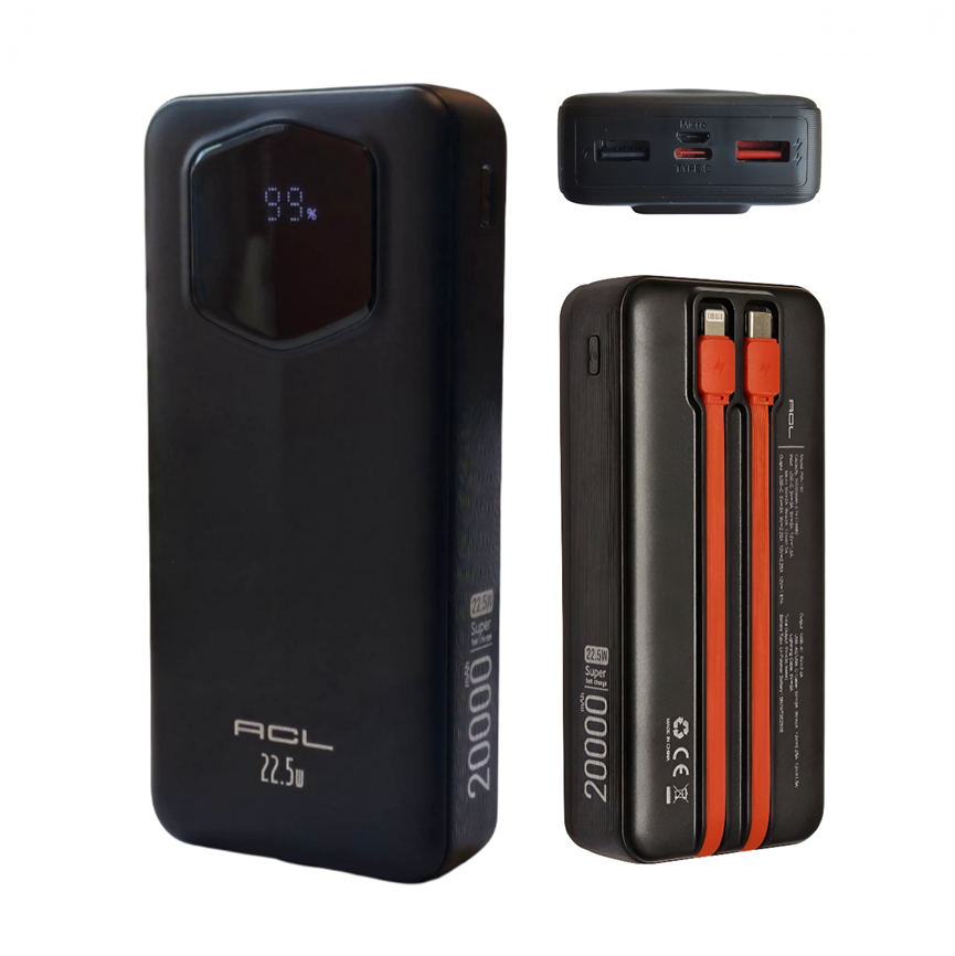 Powerbank ACL PW-140 20000 mAh с быстрой зарядкой 22,5W и встроенными кабелями - фото 2 Powerbank ACL PW-140 20000 mAh с быстрой зарядкой 22,5W и встроенными кабелями - фото 2