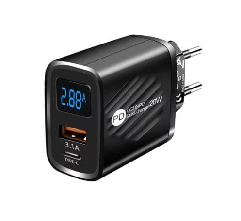 Зарядний пристрій на 2 порти 1-USB/1-PD з екраном 20 W Black