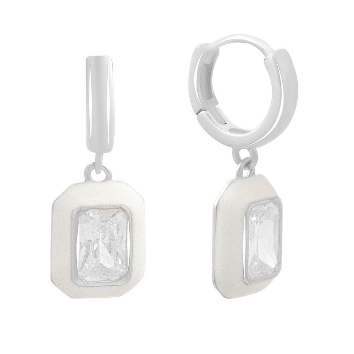 Серебряные серьги-подвески с белой эмалью и прозрачным камнем Серебряные серьги-подвески с белой эмалью и прозрачным камнем