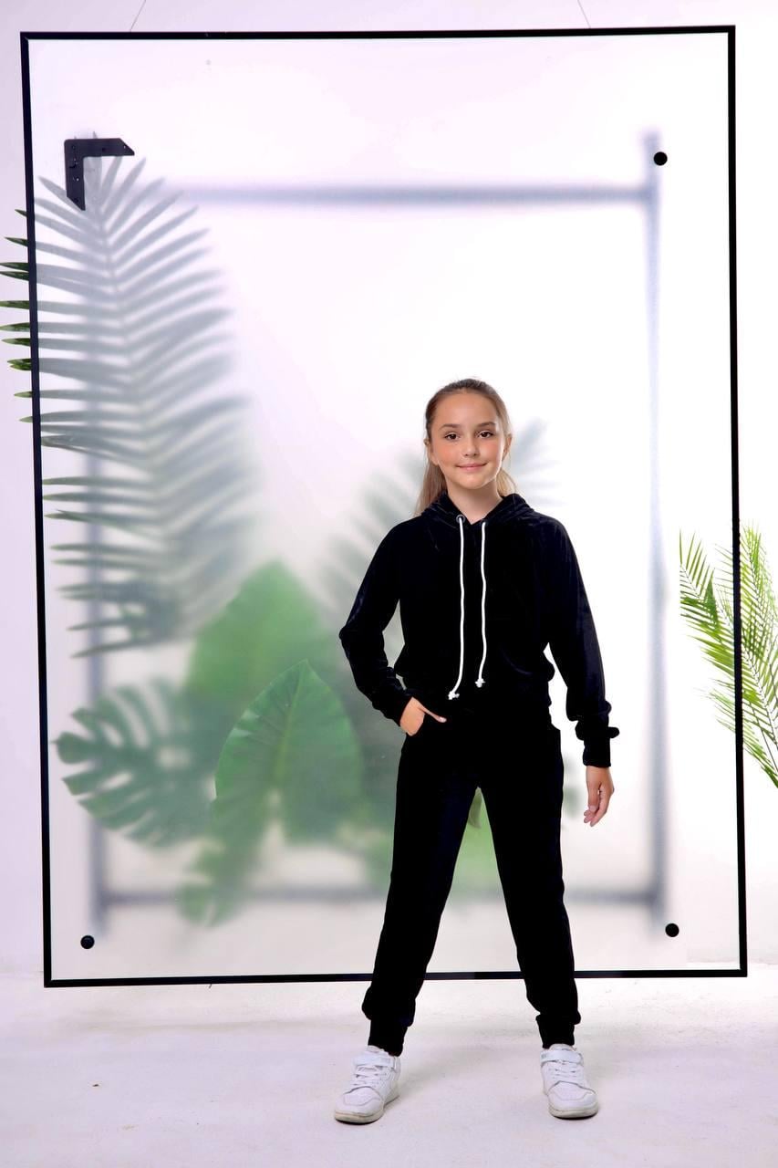 Спортивный костюм детский велюровый AVRORA АА117145 худи и штаны для девочки 122-128 см Черный