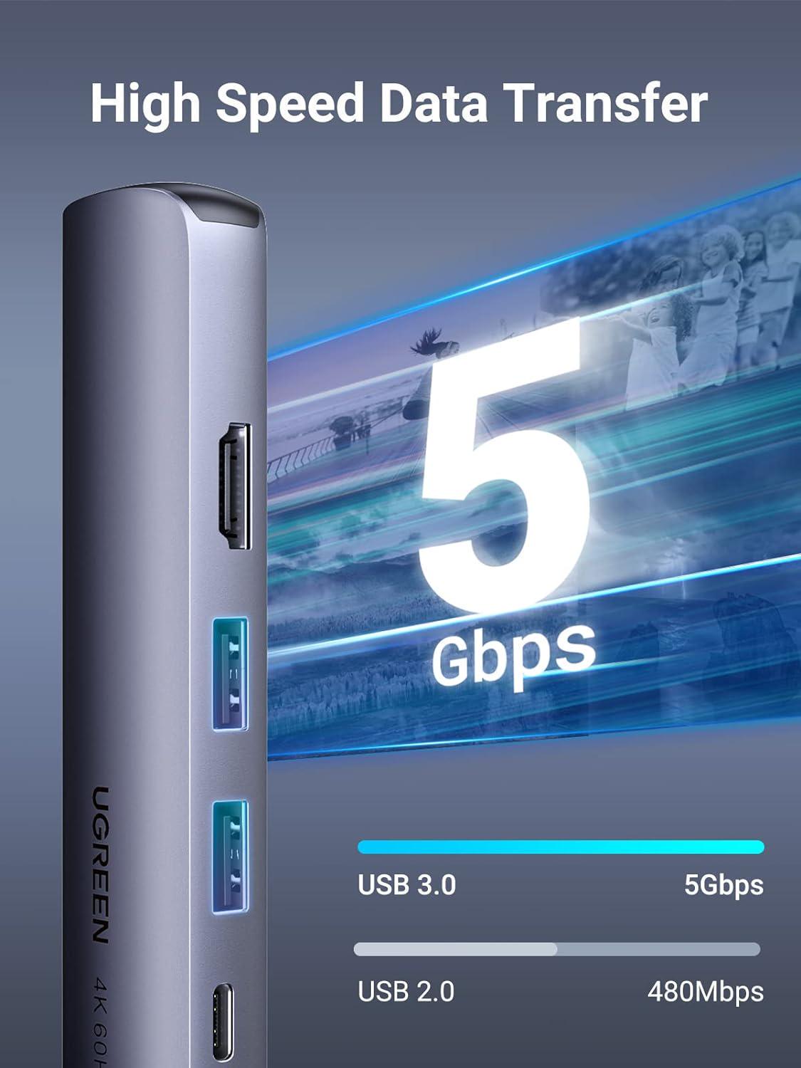 USB-хаб UGREEN Type-C-2x USB 3.0/5 Гбіт/с HDMI 4K 60Hz/RJ45 1 Гбіт/с Type-C PD 100W USB-C Сірий (10919) - фото 8 USB-хаб UGREEN Type-C-2x USB 3.0/5 Гбіт/с HDMI 4K 60Hz/RJ45 1 Гбіт/с Type-C PD 100W USB-C Сірий (10919) - фото 8