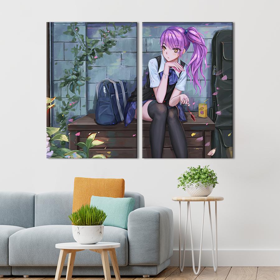 Картина на холсте Аниме-девушка на лавочке 111x81 см (1466-2)