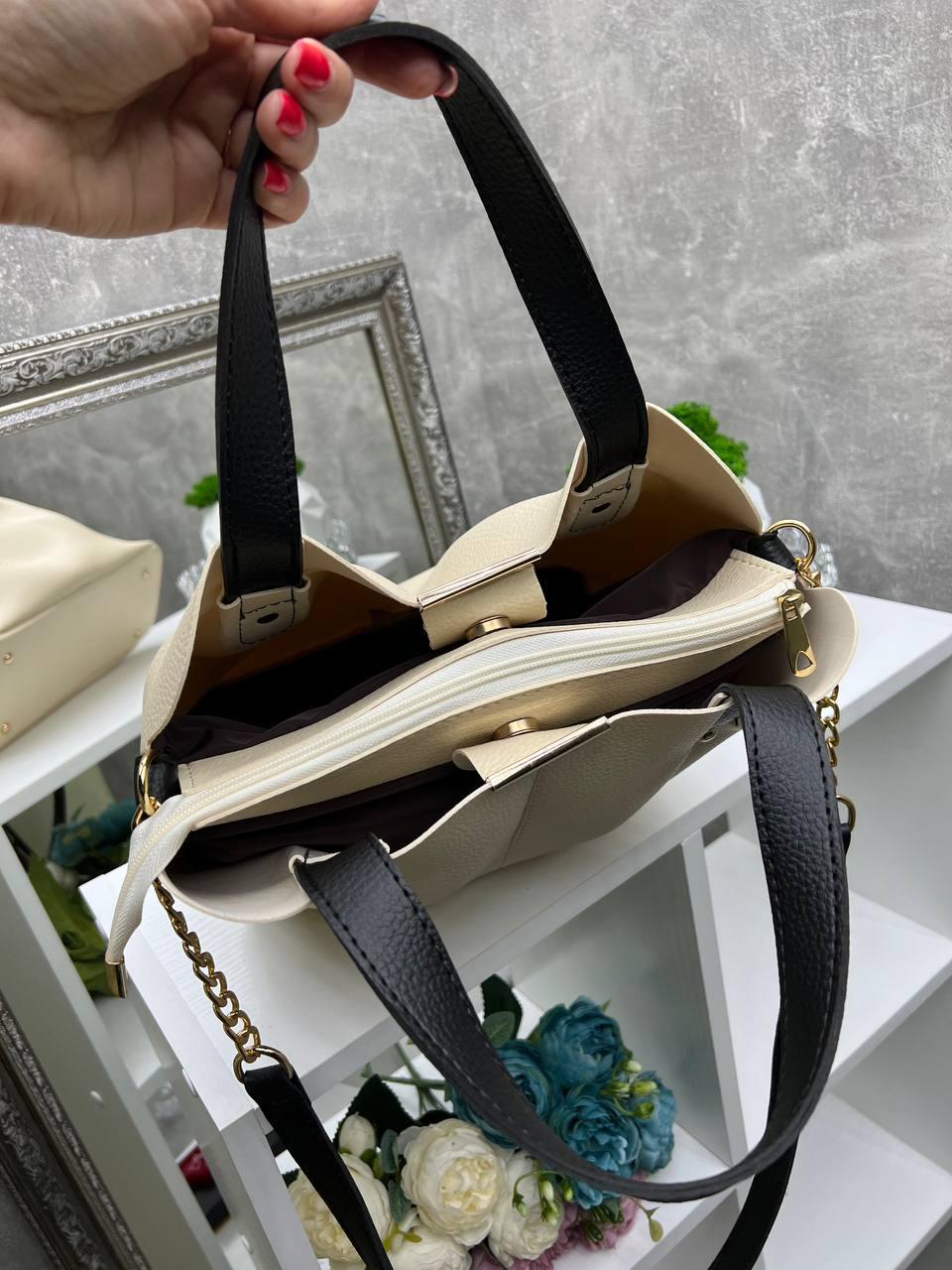 Сумка большая женская элегантная вместительная через плечо из экокожи плечевой ремешок Бежевый с черным - фото 5 Сумка большая женская элегантная вместительная через плечо из экокожи плечевой ремешок Бежевый с черным - фото 5