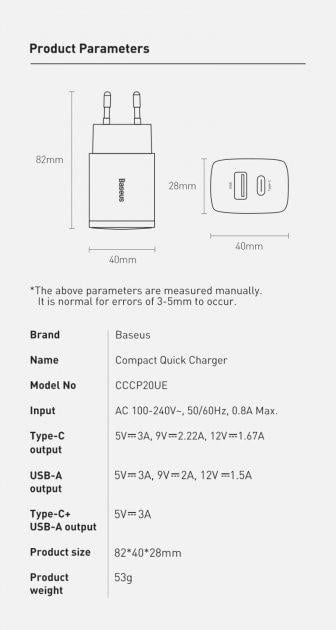 Зарядний пристрій Baseus 20W USB+Type-C Compact Quick Charger QC3.0+PD3.0 3A White (CCXJ-B02) - фото 9