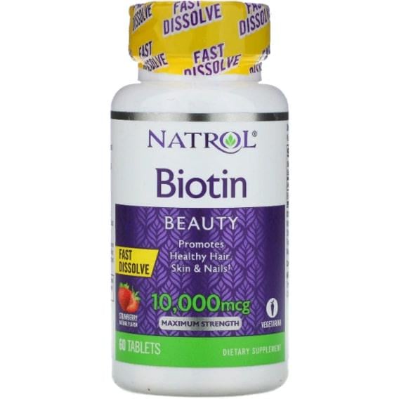 Биотин Natrol Biotin Maximum Strength 10000 mcg 60 Tabs Strawberry Flavor NTL-06885 - фото 1