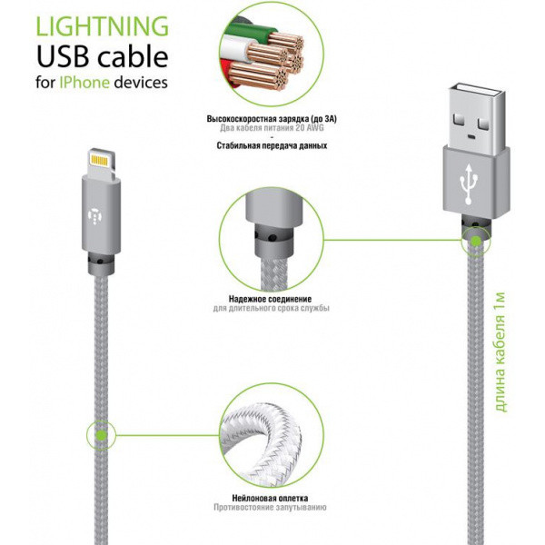 Кабель Intaleo CBGNYL1 USB-Lightning 1 м Grey (1283126477652) - фото 2