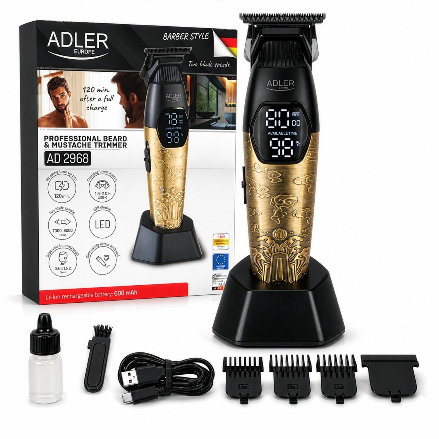 Тример для бороди та вусів Adler AD 2968 USB-C LED 420J2 з насадками (36268816) Тример для бороди та вусів Adler AD 2968 USB-C LED 420J2 з насадками (36268816)