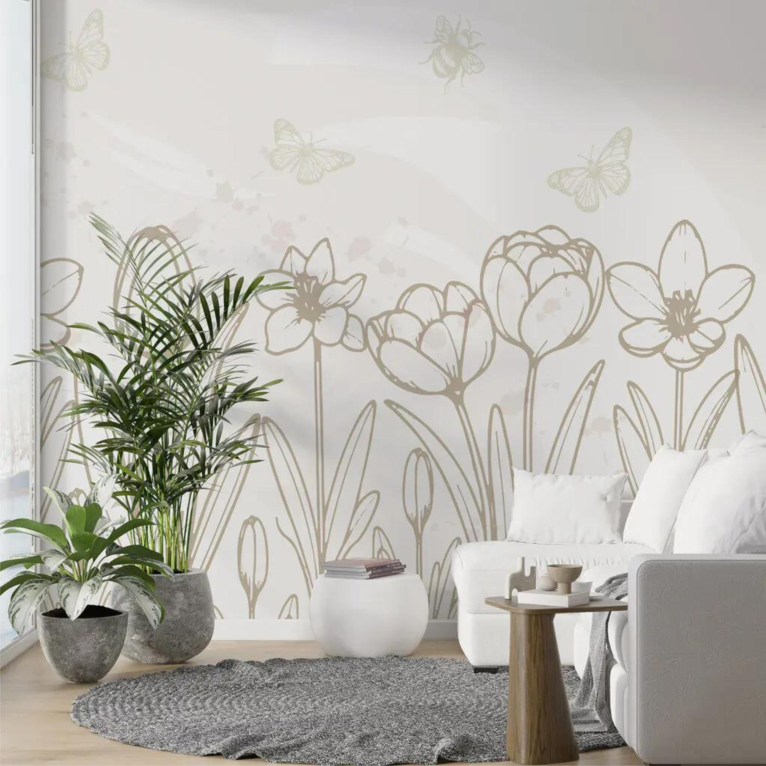 Фотообои Линейный рисунок цветов и бабочек Бежевый (000201)