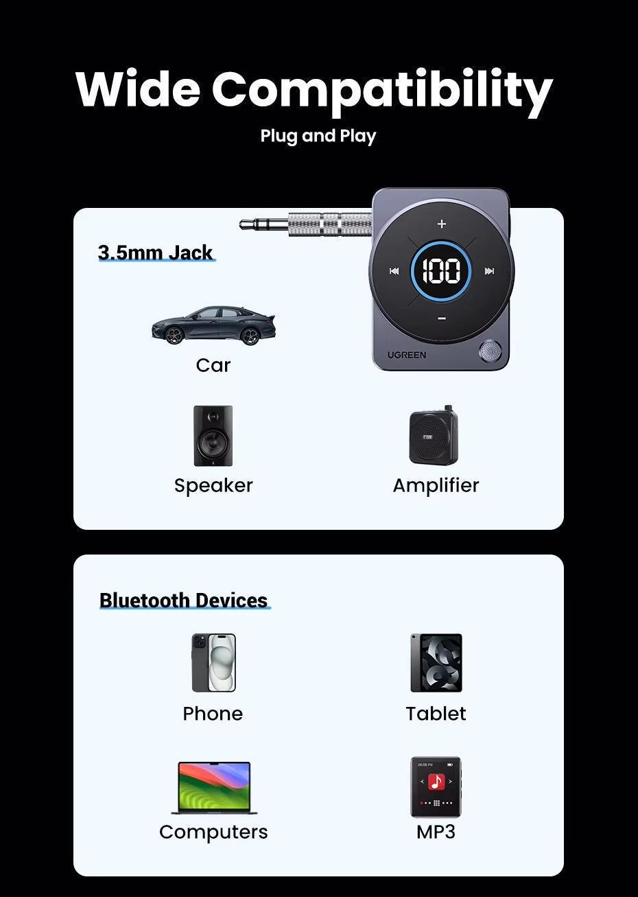 Адаптер UGREEN Bluetooth 5.4 AUX 3,5 мм 300 мАг 20 год Чорний (35003) - фото 11 Адаптер UGREEN Bluetooth 5.4 AUX 3,5 мм 300 мАг 20 год Чорний (35003) - фото 11